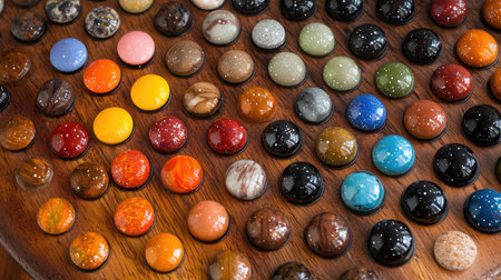 A vibrant array of decorative craft stones arranged on a wooden surface, showcasing various colors and textures. Ideal for artistic projects and inspirations.の素材