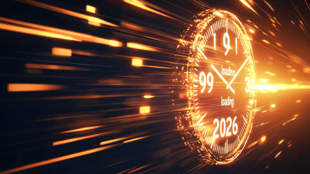 A vividly designed futuristic clock countdown displaying loading effects. This dynamic image captures the essence of time and technology with motion blur and bright light trails.の素材