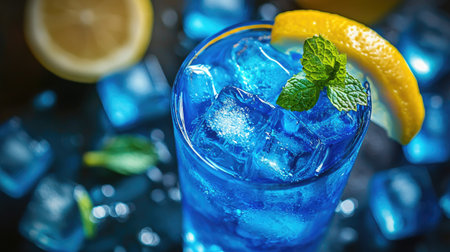 A vibrant blue drink served in a glass with ice cubes and garnished with a slice of lemon and fresh mint leaves, perfect for summer gatherings.の素材