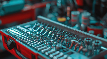 A detailed close-up of an organized metal toolbox featuring various tools, highlighting craftsmanship and utility for maintenance and repair tasks in industrial settings.の素材