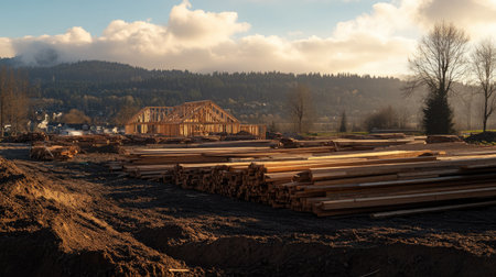 A construction site features wooden frames and stacks of lumber under a vibrant sunset sky. The scene highlights the ongoing building process in a serene landscape.の素材