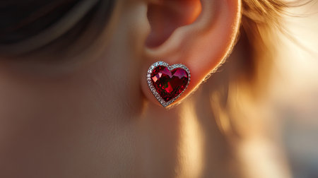 Stunning close-up of a heart-shaped red earring adorned with sparkling gems, perfectly capturing light and detail. Ideal for showcasing luxury and style.の素材