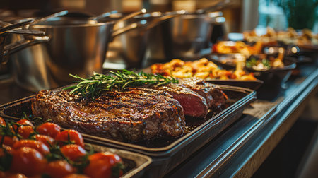 A beautifully arranged display of juicy grilled meat accompanied by fresh herbs and vibrant side dishes, perfect for any gathering or dining occasion.の素材
