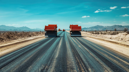 Heavy machinery performs road construction on an asphalt highway beneath a clear blue sky. The scene depicts industry in action, enhancing infrastructure.の素材