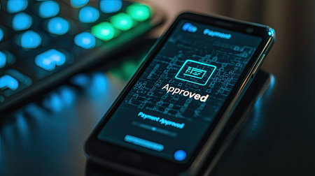 A smartphone displays an approved payment confirmation on a sleek screen, showcasing the intersection of technology and finance in modern digital transactions.の素材