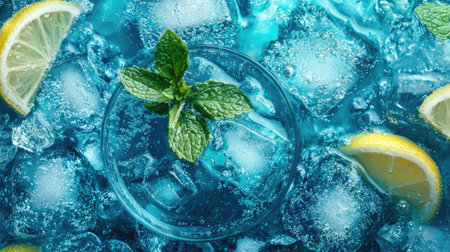 A vibrant summer beverage featuring fresh mint and lemon slices surrounded by ice cubes. This refreshing drink is perfect for hot days and parties.の素材