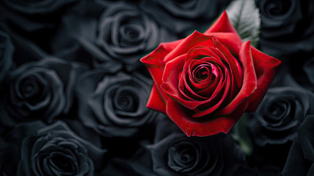A striking red rose stands out beautifully against the backdrop of black roses, creating a dramatic and elegant contrast perfect for various artistic and romantic themes.の素材