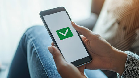 A woman is sitting comfortably indoors, holding a smartphone displaying a green checkmark symbol, signifying confirmation and success in a digital context.の素材