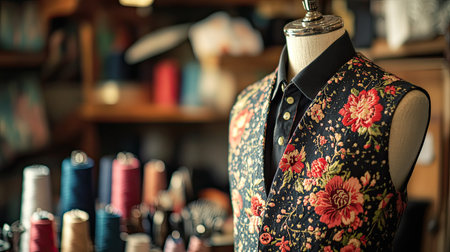 An elegant floral vest displayed on a tailor's dummy in a textile workshop. The setting highlights vibrant fabrics and creative craftsmanship, perfect for fashion inspiration.の素材