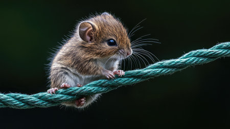 This adorable small mouse climbs a rope, showcasing its delicate features and curious expression against a dark background, perfect for nature lovers.の素材