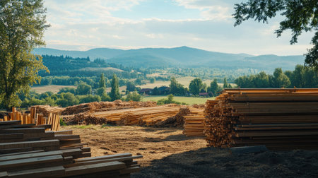 A serene landscape showcasing stacks of timber with a backdrop of rolling mountains. The scene is peaceful, highlighting nature's beauty and providing a glimpse of rural life.の素材