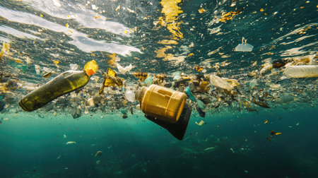 This image captures the stark reality of underwater pollution, showcasing various plastic waste items floating in an ocean environment, highlighting environmental challenges.の素材