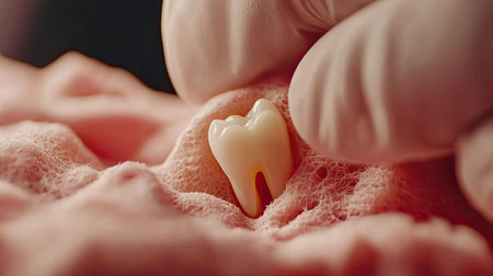 A close-up image showcasing a human tooth placed on a soft surface. The image highlights dental care, emphasizing the importance of oral health and hygiene practices.の素材