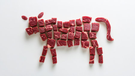 Fresh red beef cubes arranged in the shape of a cow on a white background. This striking visual showcases the connection between meat and its source in agriculture. Perfect for culinary themes.の素材