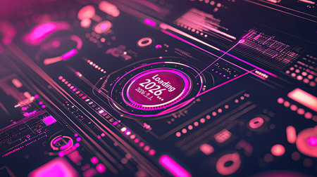 Explore a captivating futuristic digital interface featuring a loading progress bar. The vibrant pink and purple hues create an engaging atmosphere for technology-focused designs.の素材