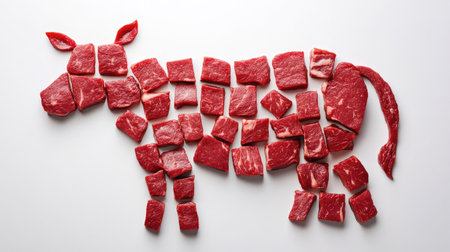 An artistic formation of red meat cubes arranged to resemble a cow. This creative display highlights the concept of food presentation in culinary arts. Perfect for food-related themes.の素材