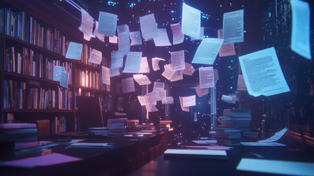 An enchanting library scene with floating pages illuminated by magical lights. This surreal atmosphere captures the imagination and inspires creativity.の素材
