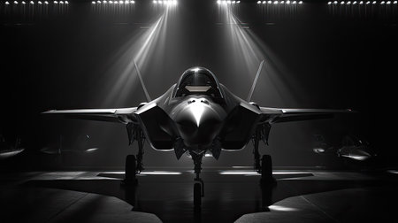 A striking silhouette of a military jet is showcased in a hangar, illuminated by beams of light. The image captures the essence of modern aviation and technology.の素材