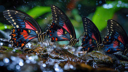 Stunning close-up of colorful butterflies resting on wet stones in a lush rainforest, showcasing vibrant wings and rich biodiversity in a serene natural setting.の素材