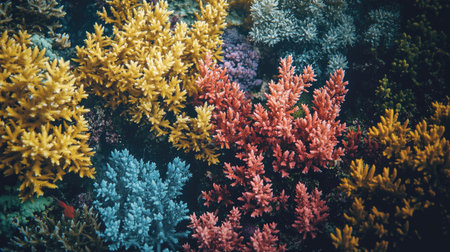 Explore a vibrant underwater scene showcasing diverse coral species in brilliant colors, illustrating the beauty of marine biodiversity and ecological richness.の素材