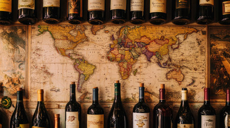 A beautiful arrangement of vintage wine bottles above an antique world map, creating a warm, inviting atmosphere perfect for wine lovers and travelers.の素材