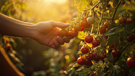 A close-up of a hand delicately harvesting ripe red tomatoes in a sunlit garden. The warm glow enhances the vibrant colors of fresh vegetables, showcasing abundance and health.の素材