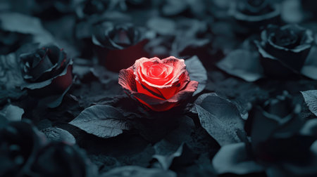 A striking red rose stands out against a backdrop of dark flowers, symbolizing beauty and love. The composition captures elegance and contrast, perfect for themed projects.の素材