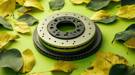 A close-up image of a car brake disc situated on a vibrant green background, surrounded by yellow autumn leaves, showcasing engineering precision and automotive details.の素材