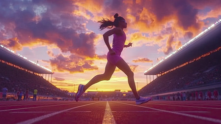 A dynamic silhouette of a runner capturing the essence of athleticism against a vibrant sunset, surrounded by cheering spectators in a stadium setting.の素材