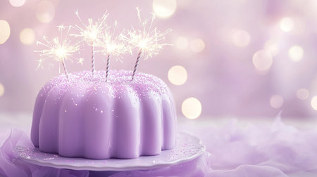 A stunning purple cake adorned with sparklers creates a joyful and festive atmosphere, ideal for celebrations and special occasions, radiating happiness and delight.の素材