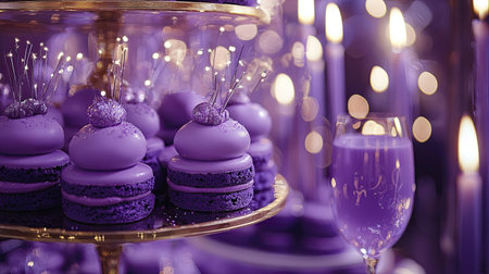 A stunning display of purple pastries and a sparkling drink create an inviting atmosphere perfect for celebrations, events, or festive gatherings.の素材