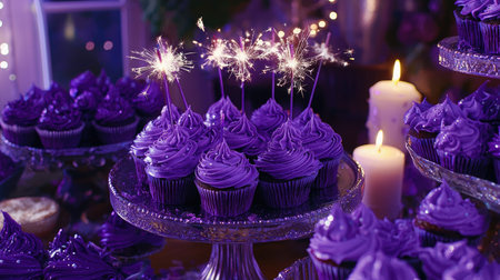 A stunning display of purple cupcakes adorned with sparkler candles, perfect for any celebration. This vibrant scene exudes festive joy and indulgence.の素材