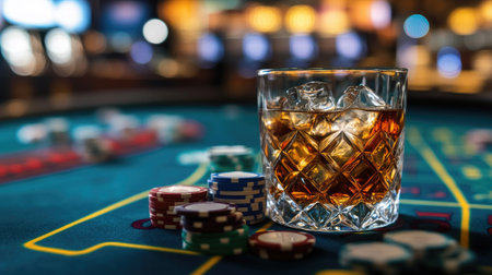 A captivating scene featuring a glass of whiskey over ice beside poker chips, set against a lively casino backdrop to evoke luxury and excitement.の素材