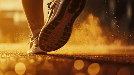 Close-up view of a running shoe striking the sunlit asphalt, creating dust and splashes, capturing the essence of athletic movement and energy outdoors.の素材