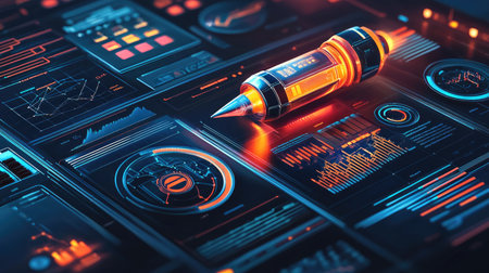 A vibrant digital interface showcasing a stylus pen among data visualizations. Bright colors and sleek design exemplify modern technology and creativity in digital workflows.の素材