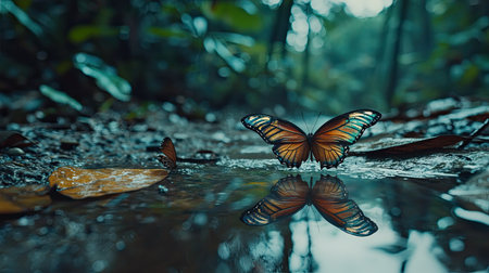 Stunning butterfly rests on water's edge, creating a mesmerizing reflection. This serene forest scene showcases the beauty of nature and wildlife.の素材