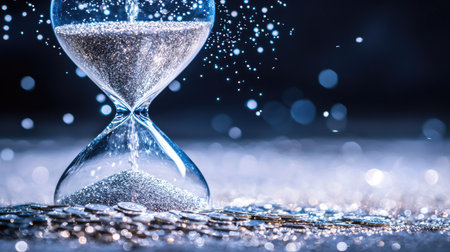 A stunning hourglass filled with sparkling sand represents the passage of time and wealth. Glimmering coins surround it, enhancing the captivating scene.の素材