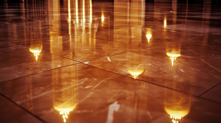 A stunning view of golden reflections shimmering across a polished marble floor, creating an elegant and luxurious atmosphere in an interior space.の素材