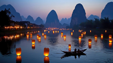 A tranquil evening scene featuring floating lanterns on a river, surrounded by majestic mountains, creating a serene and picturesque atmosphere.の素材