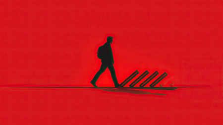 A striking silhouette of a businessman walking against a vivid red background, symbolizing determination, ambition, and the journey toward success in a modern world.の素材