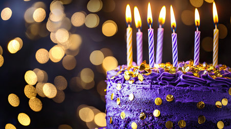 A vibrant birthday cake adorned with colorful candles and golden decorations. Perfect for celebrations, parties, and joyful events with family and friends.の素材