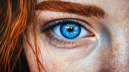 This captivating close-up features a striking blue eye set against red hair, showcasing intricate details and vibrant colors, perfect for artistic projects.の素材