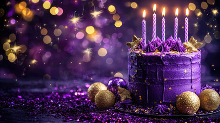 A delightful purple cake adorned with candles, surrounded by golden decorations and sparkling bokeh lights, perfect for a festive celebration or birthday party.の素材