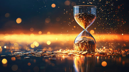 An elegant hourglass filled with coins represents the relationship between time and wealth. The shimmering background enhances the concept of financial success and prosperity.の素材