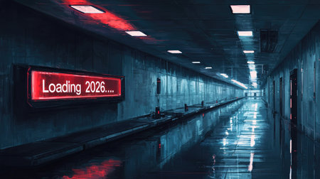 A captivating image of a futuristic corridor with a neon loading sign, creating an atmosphere of anticipation and mystery. The reflection on the wet floor enhances the visual depth.の素材