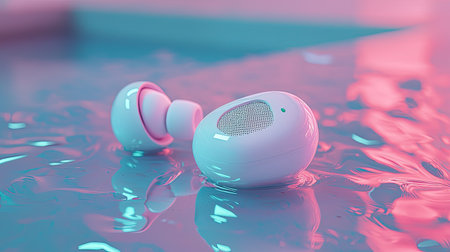 Beautiful wireless earbuds resting on a colorful water surface, showcasing a modern design and vibrant colors. Perfect for music lovers and tech enthusiasts.の素材
