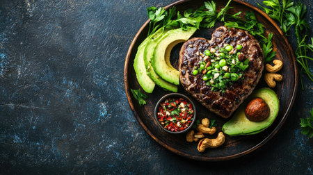 A beautifully presented grilled steak in a heart shape, garnished with fresh avocado and green onions, accompanied by colorful sauces and nuts, perfect for a romantic dinner or special occasion.の素材