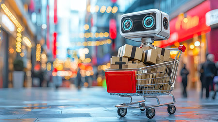 A whimsical robot assistant pushes a shopping cart filled with boxes in a vibrant urban shopping street, showcasing a blend of technology and retail fun.の素材