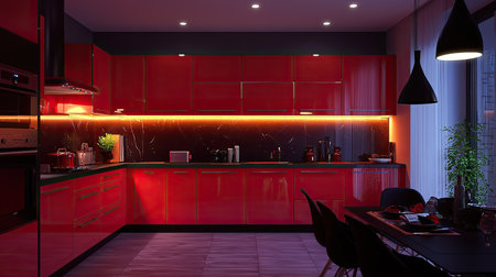 A striking modern kitchen featuring bold red cabinetry and elegant lighting. The contemporary design highlights sleek surfaces and a cozy dining area, perfect for gatherings.の素材