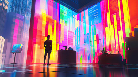 A striking abstract digital landscape fills a modern office with vibrant colors. The scene captures a silhouette of a man observing colorful patterns, reflecting innovation and creativity within a contemporary workspace.の素材